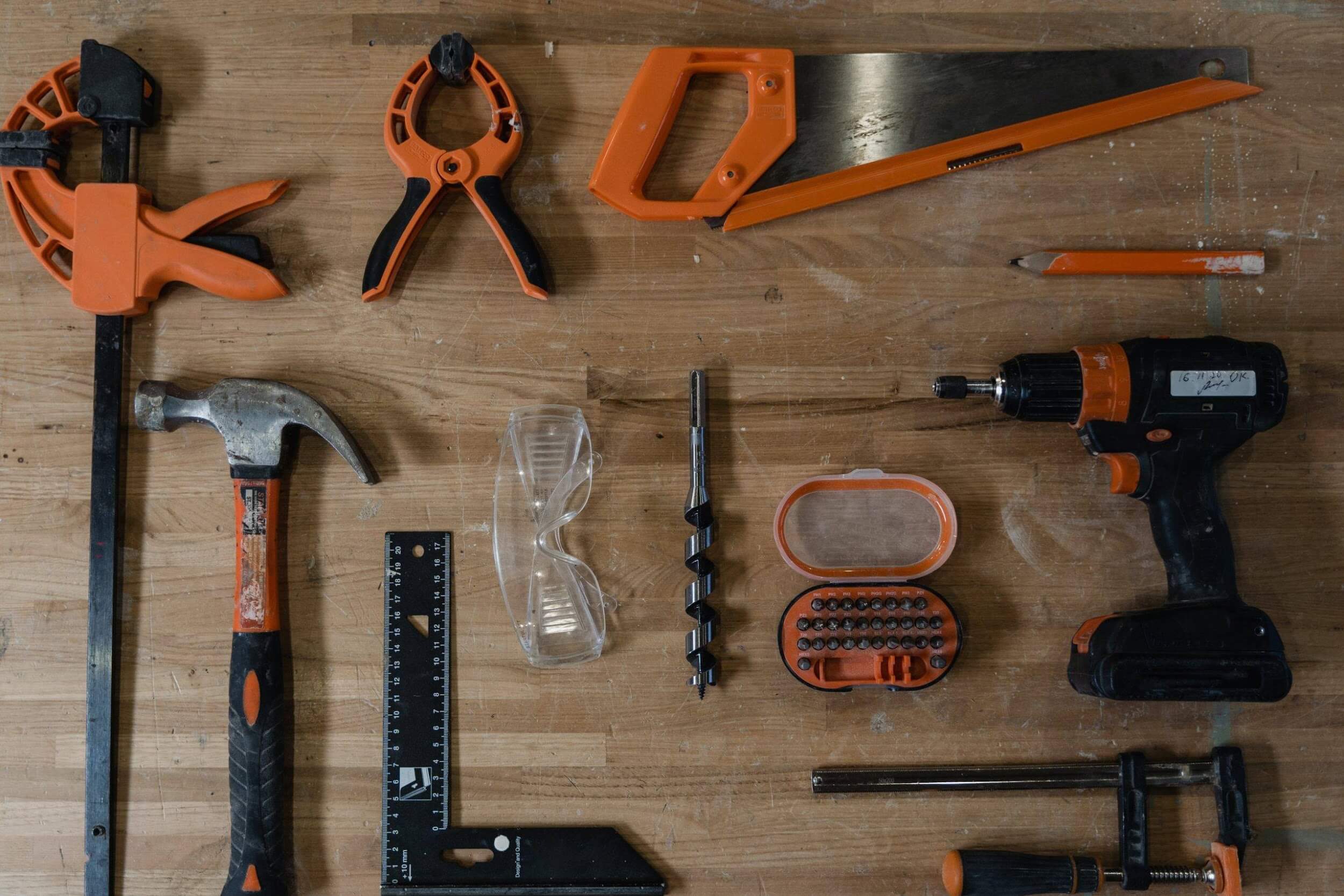 layout of tools on wooden worktable