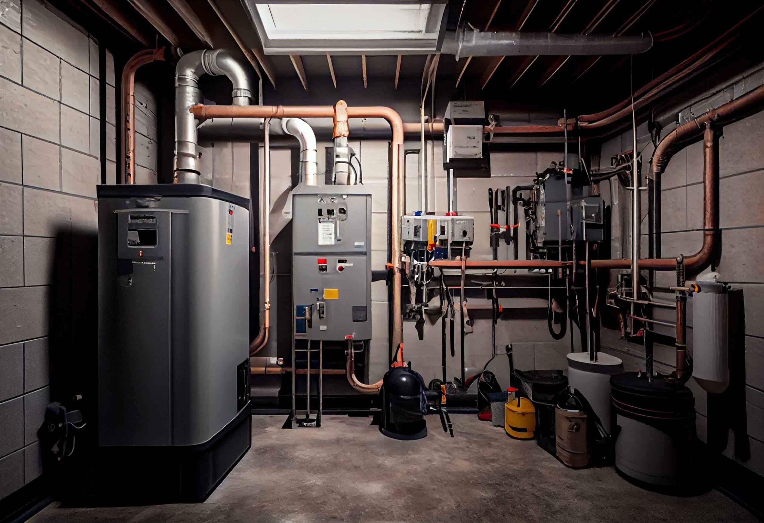 Unfinished basement mechanical room with tankless water heater,