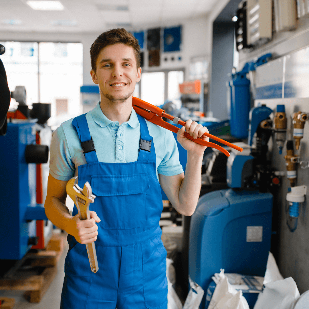 A plumber in blue uniform holding tools

