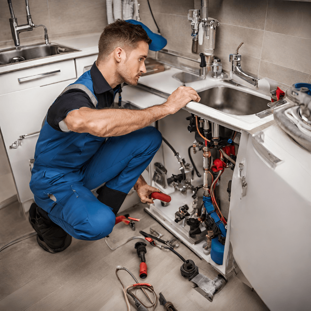 A person in overalls working on a sink

Description automatically generated