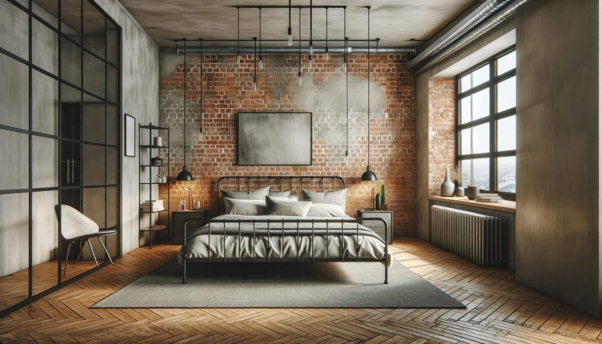 A modern industrial bedroom design with exposed brick walls, a metal bed frame, and minimalist decor. The room features large windows and a neutral color palette.