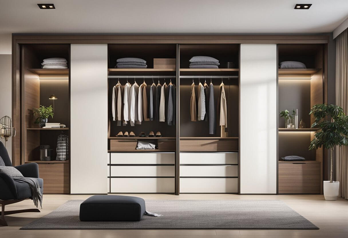 A large closet with clothes on the shelves

Description automatically generated