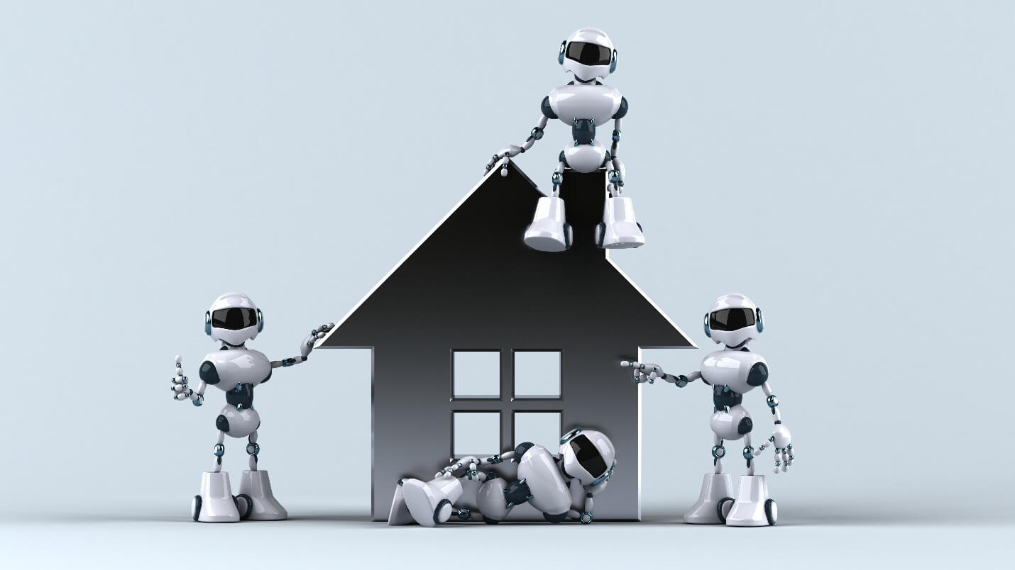 A group of robots standing next to a house AI-generated content may be incorrect.