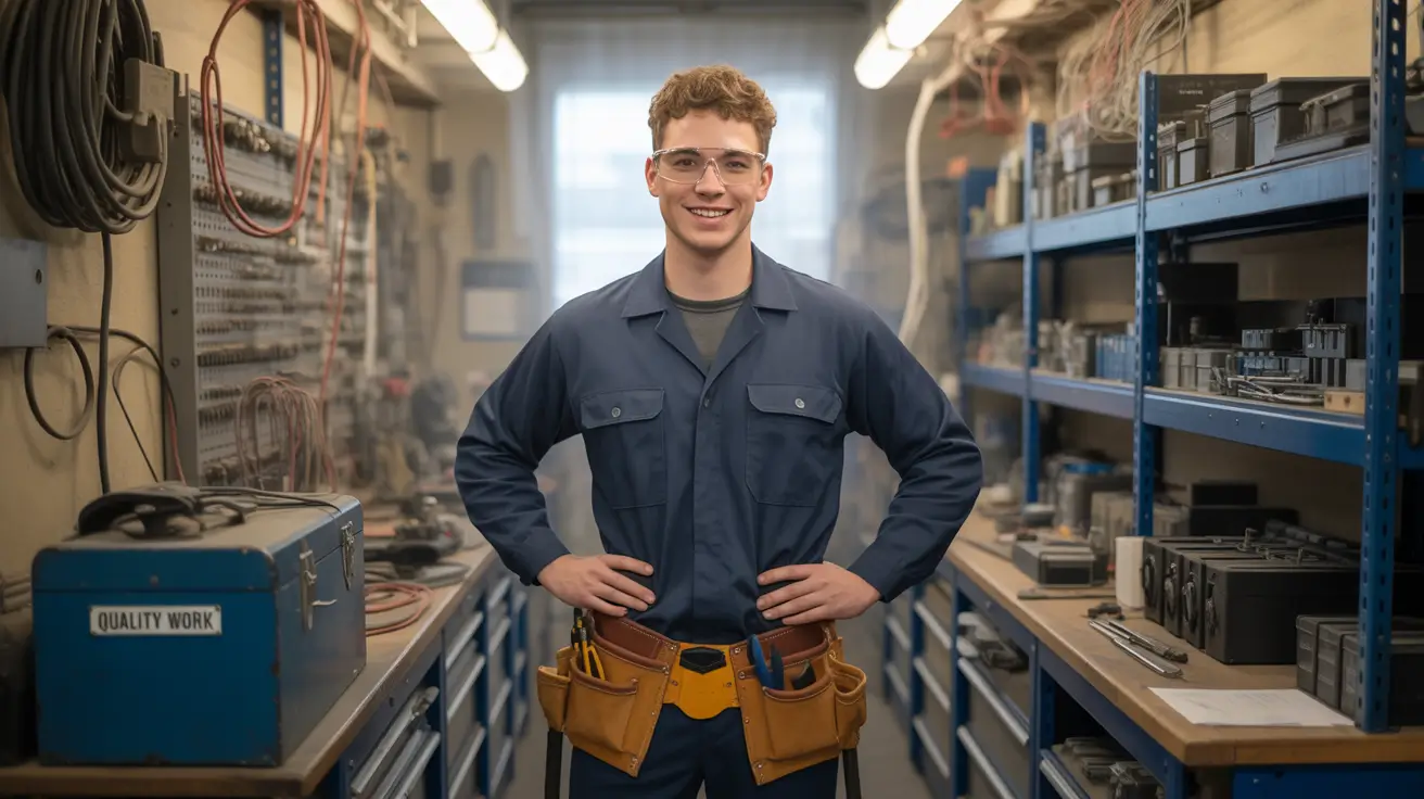 A photograph of a young electrician in his early twenties, confidently smiling at the camera