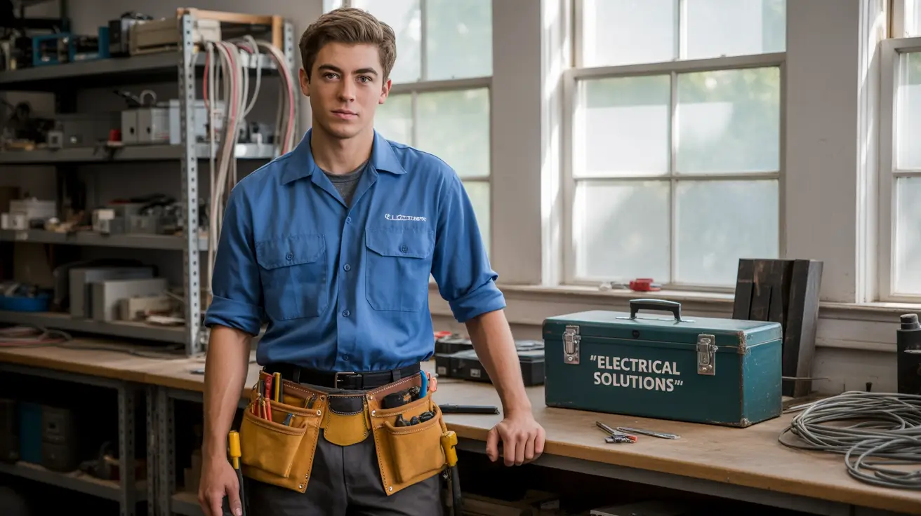 A photograph of a young electrician with focused brown eyes and a slight smile