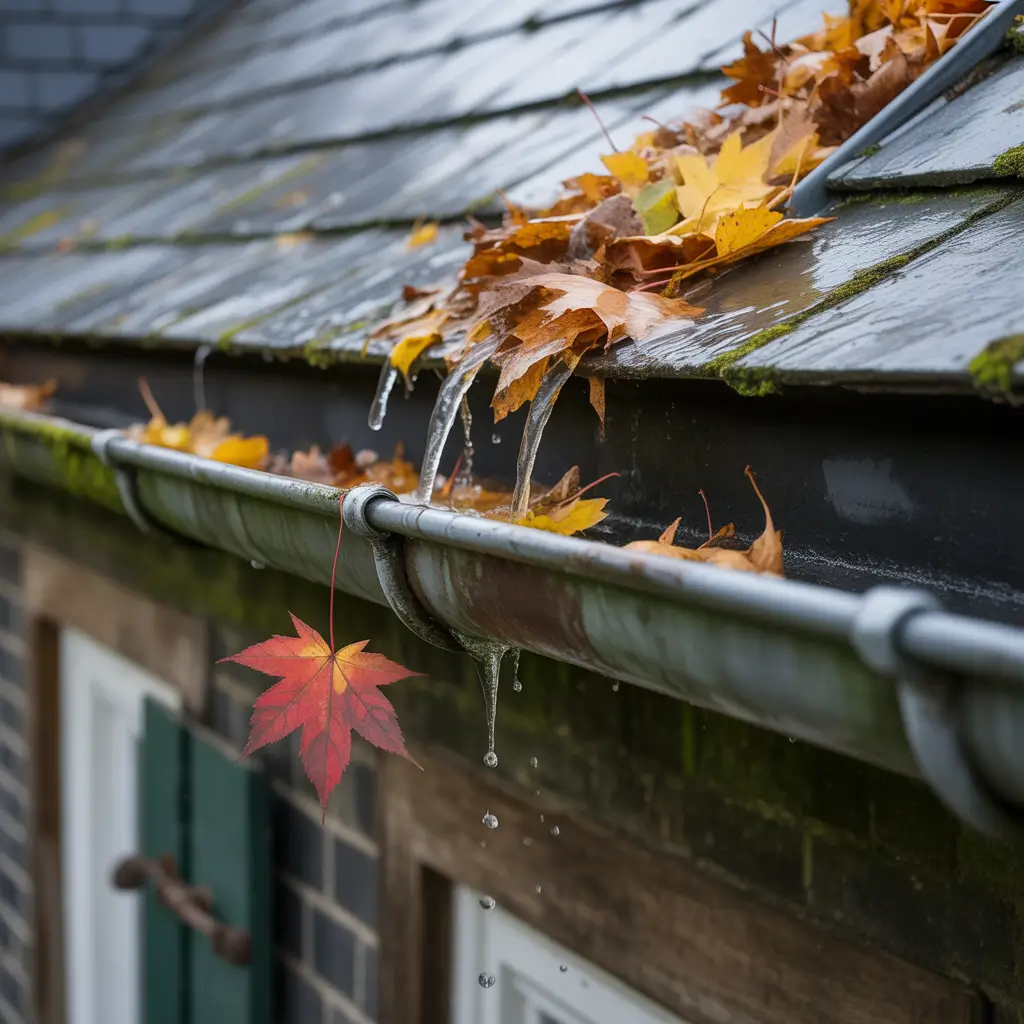 A photograph of overflowing gutters on a weathered slate roof