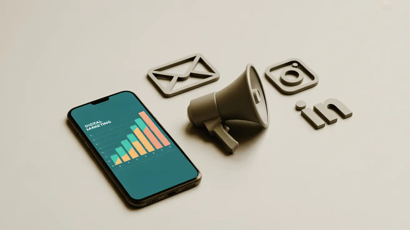 Minimalist flat lay of digital marketing tools on a white background 