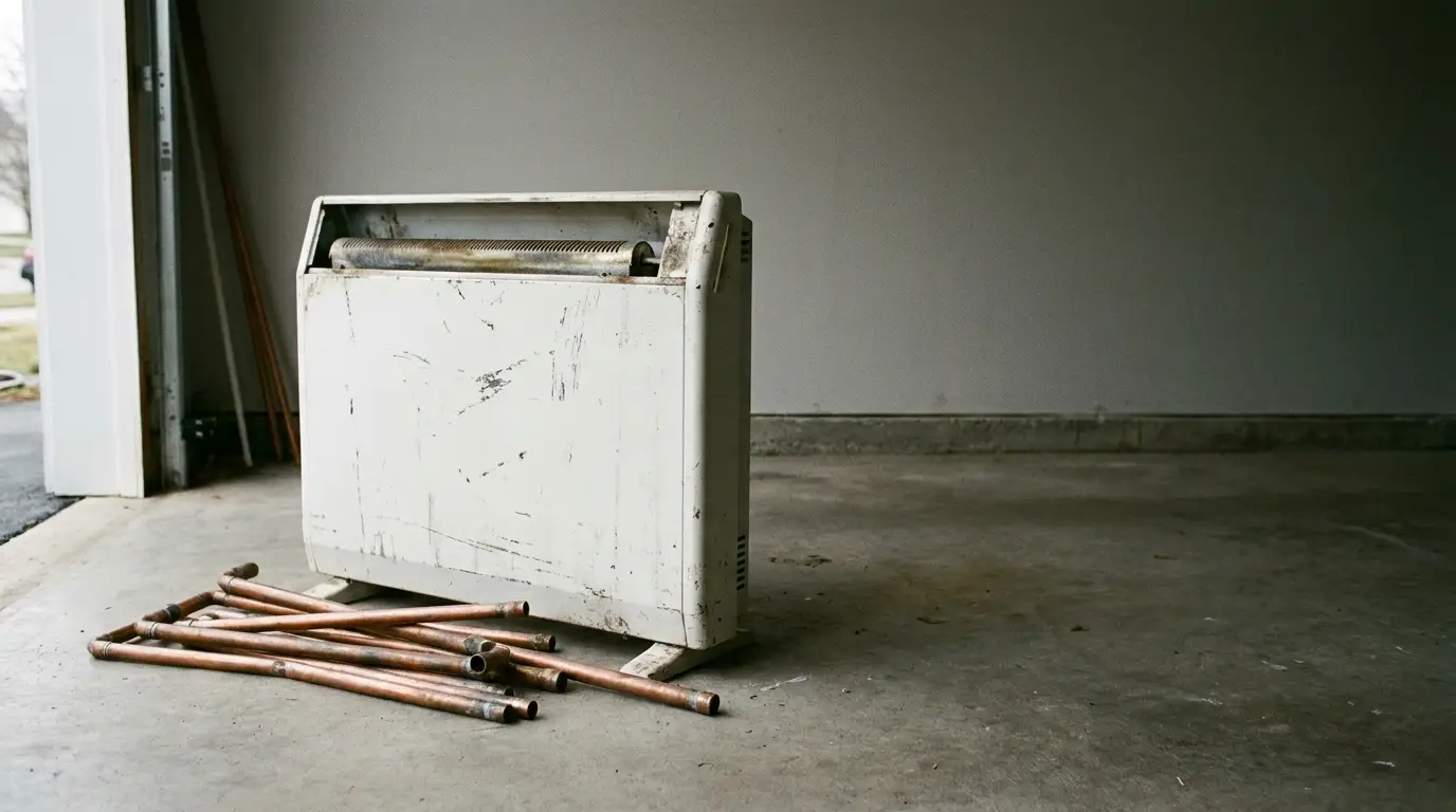 Old metal heater and copper pipes on concrete garage floor